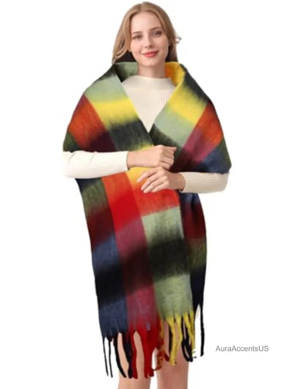 Oversized Chunky Plaid Scarf Shawl Wrap Winter Thick Tassel Soft Acrylic Wool